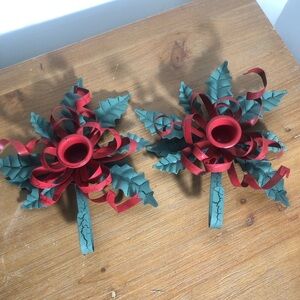 Vintage green/red metal candleholders